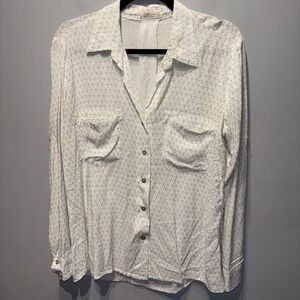 JUST LIVING Rayon Button Front Shirt Ivory Heart Print Long Roll Tab Sleeves SzM